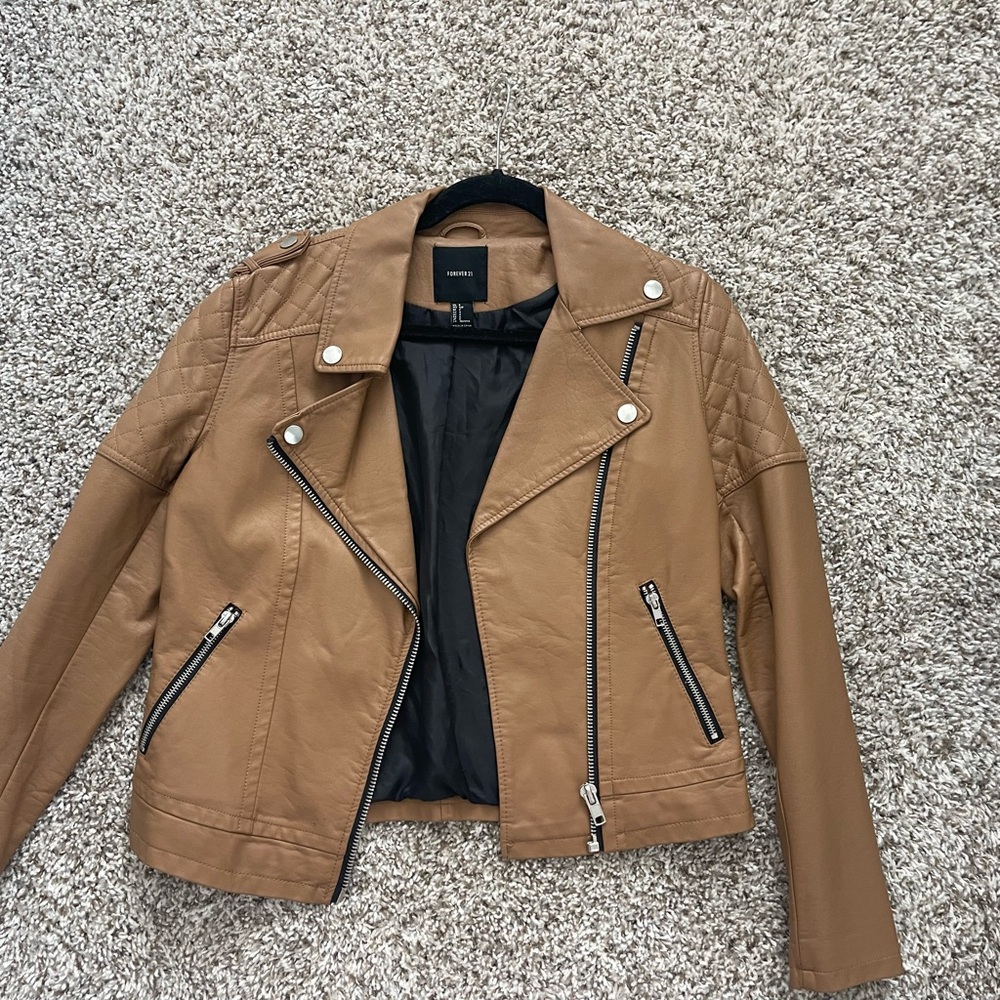 Forever 21 Tan Leather Jacket Asymmetrical Zipper Notched Lapels